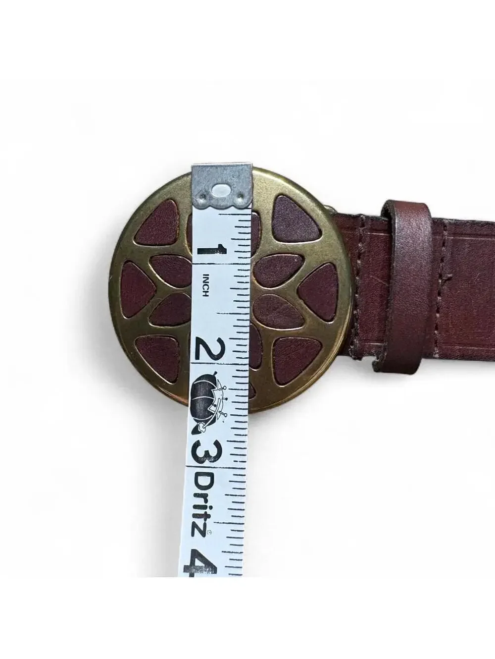 Boho vintage 90s western indie brown leather belt with round ornate brass buckle
